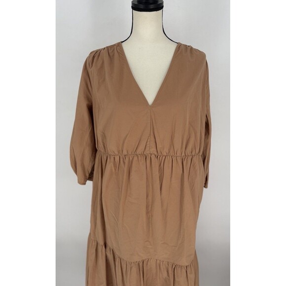 EVERLANE The Poplin Tiered Dress Caramel‎ Sz S Beige Ruffle Hem V Neck Peasant - Picture 6 of 11
